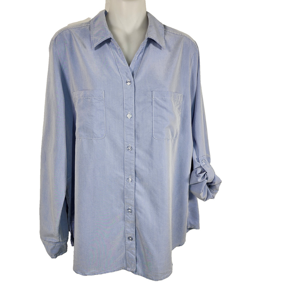 Chico’s Womens Shirt Size 2 US Large Button Up Long Sleeve Roll Tab Pockets Blue